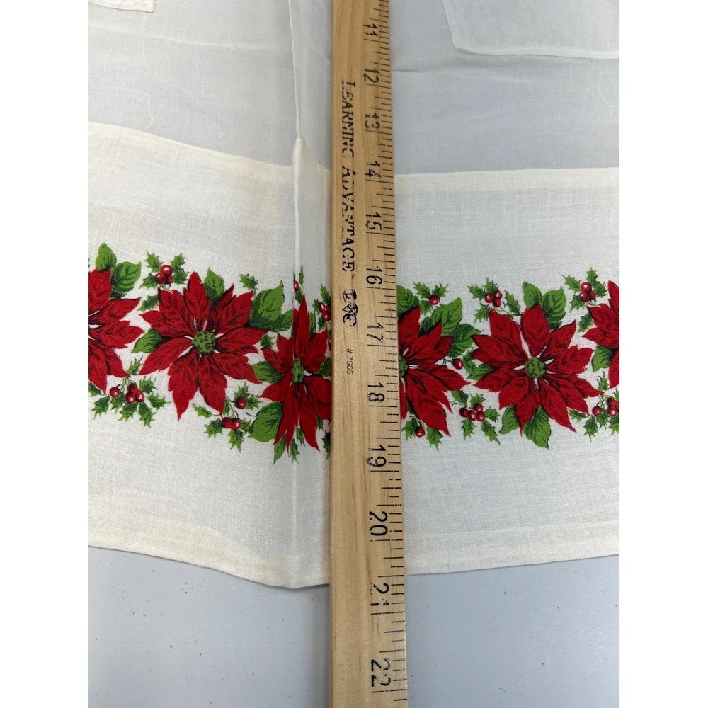 Vintage Half Apron Women White‎ Poinsettia Floral Christmas Sheer Pockets